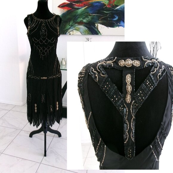 Vintage Black Gold Beaded Sleeveless Dropped Waist Petal Bottom Dress 6 / M / S - Picture 1 of 16